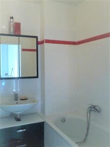 een badkamer met een wastafel, een bad en een spiegel bij Útulný pokoj pro 1 osobu ve sdíleném bytě se ženou in Praag