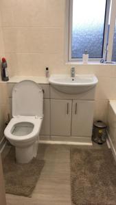 uma casa de banho com um WC, um lavatório e uma janela em The Rose em Greasbrough