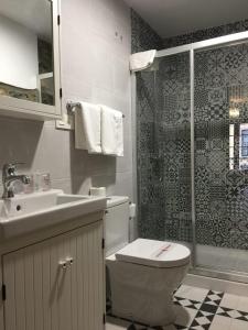 a bathroom with a toilet and a sink and a shower at Pensión San Pelayo 10 in Cangas de Onís +13 photos