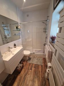 uma casa de banho com um lavatório, um chuveiro e um WC. em Briar Cottage Guest Suite in Norwood Green, Halifax em Halifax