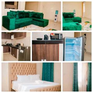 un collage de photos d'une chambre avec un mobilier vert dans l'établissement Ziggon villa mtwapa, à Mombasa
