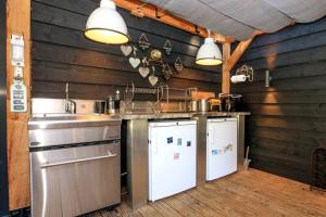 a kitchen with a sink and a dishwasher at Bohemian Island incl boat supboards and pool 5 minutes by boat from parking to the bohemien in Loosdrecht