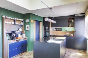 eine Küche mit blauen und grünen Wänden in der Unterkunft - L'Idylle de Clamart - in Clamart