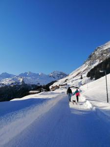 two people walking in the snow with a dog at Apartment Eberharter in Mayrhofen