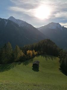 a green field with a house in the middle of a mountain at Apartment Eberharter in Mayrhofen +5 photos