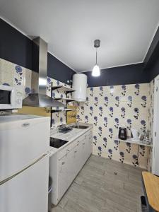 una cocina con electrodomésticos blancos y azulejos azules y blancos en Sunrise Beach Apartment en Póvoa de Varzim