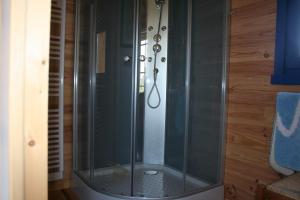een douche met een glazen deur in de badkamer bij Chaledhote in Écurolles
