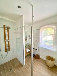 ein Bad mit einer Dusche und einer Glastür in der Unterkunft Propriété en Sologne avec étangs in Villemurlin