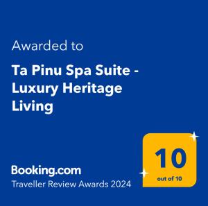 Sertifikatas, apdovanojimas, ženklas ar kitas apgyvendinimo įstaigoje Ta Pinu Spa Suite - Luxury Heritage Living matomas dokumentas