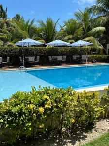 uma piscina com guarda-sóis, cadeiras e palmeiras em Barra Grande Exclusive Residence em Marau