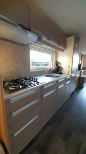 een keuken met een fornuis en een wastafel bij RBR 1252 - Beach Resort Kamperland in Kamperland