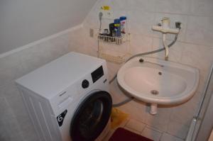 uma máquina de lavar roupa na casa de banho ao lado de um lavatório em Ubytování Česká Skalice em Česká Skalice