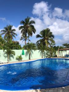 a blue swimming pool with palm trees in the background at Hotel Nuevo Amanecer in El Catey