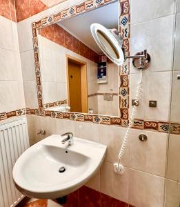 a bathroom with a sink and a mirror at 2 Zimmer, Garten, Terrasse, Bad mit Dusche und WC und Gemeinschaftsküche in Ilsede