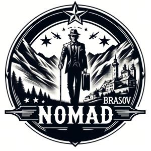 a logo with a man with a suitcase and a mountain at VILA NOMAD in Braşov