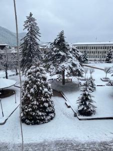 einen schneebedeckten Innenhof mit Bäumen und ein Gebäude in der Unterkunft Hotel Etropol, Center Etropole in Etropole