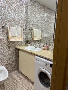 ein Badezimmer mit einer Waschmaschine und einem Waschbecken in der Unterkunft Dry Lake Apartment in Tirana