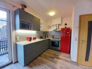 una cucina con frigorifero rosso in camera di Apartment Mölltaler Gletscher 8 a Ausserfragant