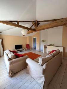 een woonkamer met 2 banken en een open haard bij Maison Lafuge - Piscine au cœur des vignes in Doulezon