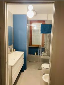 ein Bad mit einem WC, einem Waschbecken und einer Dusche in der Unterkunft Attico Vista e Fronte mare ZaffiroBlu con posto auto in Montesilvano