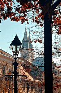 a street light in front of a building with a tower at Apartman Prodan in Sombor
