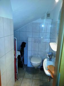 La petite salle de bains est pourvue de toilettes et d'un lavabo. dans l'établissement Strandkorb, à Borkum