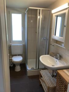 a bathroom with a toilet and a sink and a shower at Haus Cassiopeia Borkum in Borkum