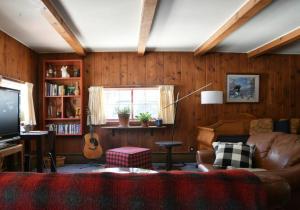 sala de estar con sofá y guitarra en Panther Mountain Lodge, en Phoenicia