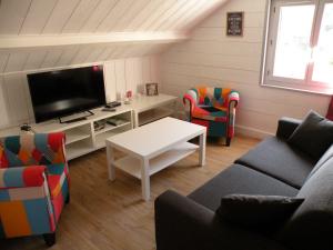 Televízia a/alebo spoločenská miestnosť v ubytovaní Basilic, 4 pers. Villa Saint Antoine, Orcival, Sancy Auvergne