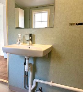 a bathroom with a sink and a mirror at Fiskestugan – Country side cottage by lake in Sjöbo