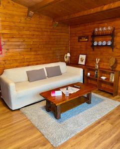 ein Wohnzimmer mit einem Sofa und einem Couchtisch in der Unterkunft Agroturismo Anziola in Oiartzun