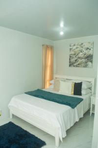 1 dormitorio con 1 cama blanca grande con manta azul en Matina Pangi Evisa Subdivision 2 bedrooms house with parking wifi Netflix, en Davao City