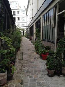 a brick alley with potted plants on the side of a building at Atelier d'artiste / artist loft / 35m2 in Paris