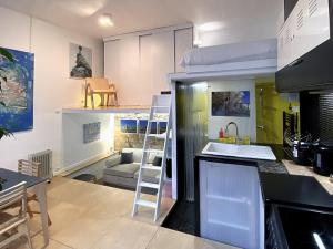 a kitchen with a bunk bed and a kitchen with a ladder at Atelier d'artiste / artist loft / 35m2 in Paris