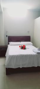 Una cama con rosas rojas encima. en HOTEL AMAZON DELUXE, en Jaén