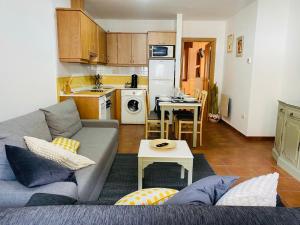 a living room with a couch and a kitchen at Apartamento La Larri in Bielsa