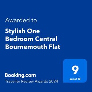 Ett certifikat, pris eller annat dokument som visas upp på Stylish One Bedroom Central Bournemouth Flat