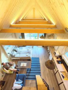 vistas panorámicas a una sala de estar con techos de madera en Modern Sauna Cabin in Horse Ranch en Lieplaukė