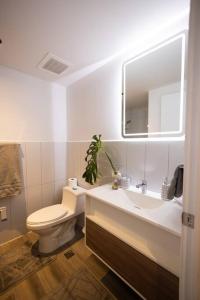 a bathroom with a toilet and a sink and a mirror at Amazing Volcano Views in front of airport in Guatemala