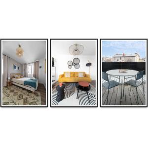 three pictures of a living room with a table and a bed at Résidence Léon Blum - Appartements design - Parking in Clermont-Ferrand