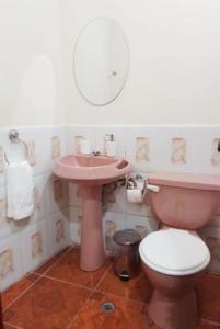 a bathroom with a pink sink and a toilet at Casa Playa Los Marinos in Puerto Baquerizo Moreno