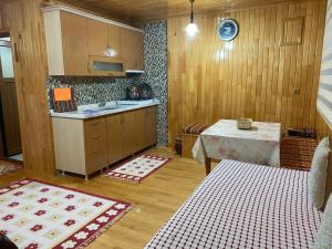 Sultan Murat YaylasiにあるYildirim Aile Pansiyonuのカウンターとテーブル付きのキッチンが備わります。