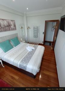 a bedroom with a large bed with blue pillows at Habitación 1 con vistas in Bilbao