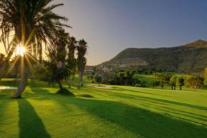 Blick auf einen Golfplatz mit Palmen und Bergen in der Unterkunft Apartamento en Roquetas de Mar. in Aguadulce