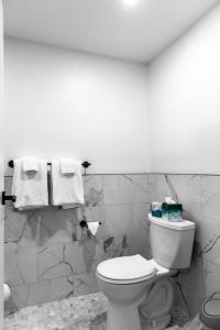 łazienka z białą toaletą i ręcznikami w obiekcie The Phenix Historic DTWN Hotel, King Bed, Room # 309 w mieście Bangor