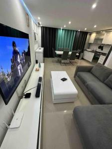 ein Wohnzimmer mit einem Sofa und einem Flachbild-TV in der Unterkunft Appartement cosy et spacieux in Praia