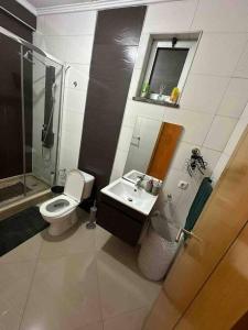 ein Bad mit einem WC, einem Waschbecken und einer Dusche in der Unterkunft Appartement cosy et spacieux in Praia