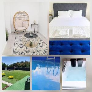 eine Collage mit Bildern eines Schlafzimmers und eines Pools in der Unterkunft Casa com Piscina e Hidromassagem e Kids Zone in Nelas