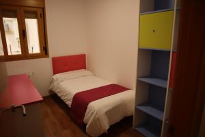 ein kleines Schlafzimmer mit einem Bett und einem Bücherregal in der Unterkunft Fleur de Lis apartament in Huéscar