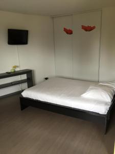 a bedroom with a bed with red masks on the wall at La Résidence Amal in Talence